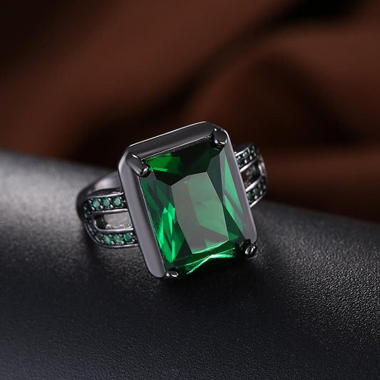 Vintage Black Gold Irma Green Emerald Cut Ring with  Crystals