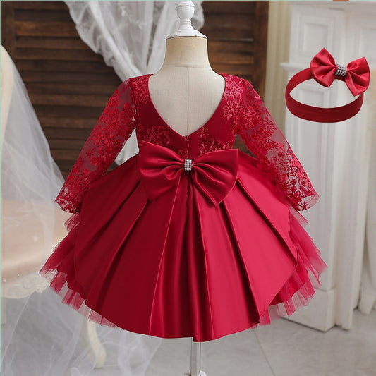 Toddler Baby Girls Red Birthday Princess Dresses Kids Autumn/Winter Long Sleeve Backless Clothes Flower Girl Wedding Lace Dress