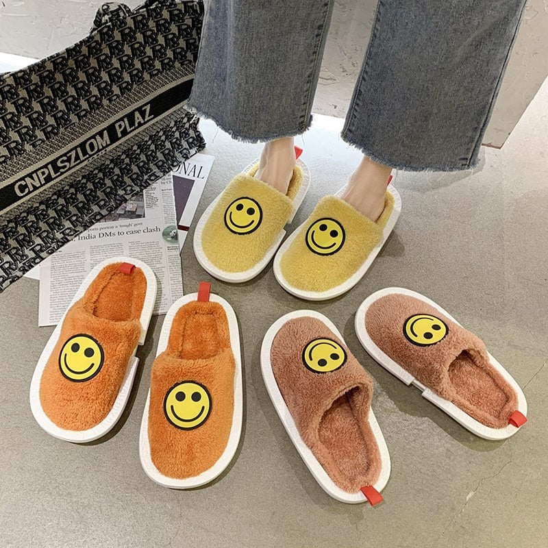 Smile Face Winter Smiley Pattern Women Fur Slippers House Couples Men Fluffy Slides Warm Plush Bedroom Ladies Cotton Shoes