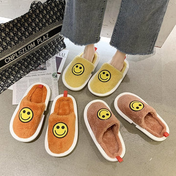 Smile Face Winter Smiley Pattern Women Fur Slippers House Couples Men Fluffy Slides Warm Plush Bedroom Ladies Cotton Shoes