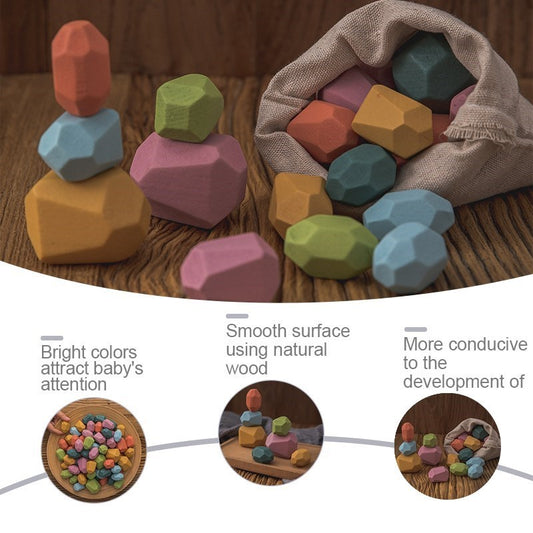 Wooden Rainbow Stones Building Blocks Colorful Wood Toy Block Stacker